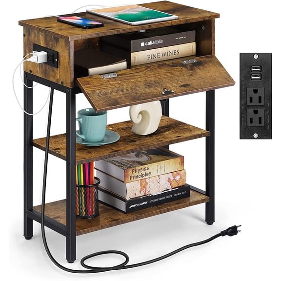 Oumilen End Table with Drawer and Charging Station, Brown