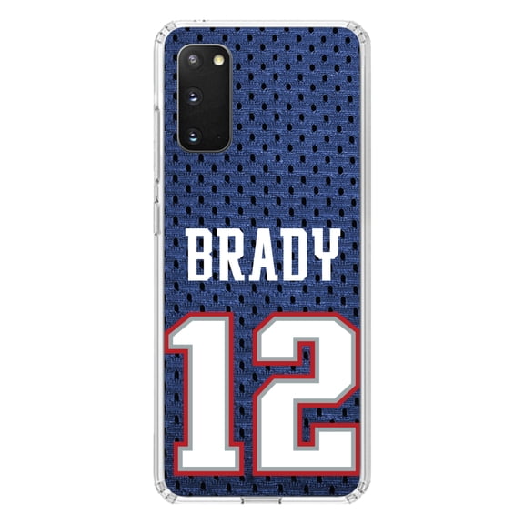 DistinctInk Clear Shockproof Hybrid Case for Galaxy S20 PLUS / 5G (6.7" Screen) - TPU Bumper, Acrylic Back, Tempered Glass Screen Protector - Brady 12 Jersey - Football Team