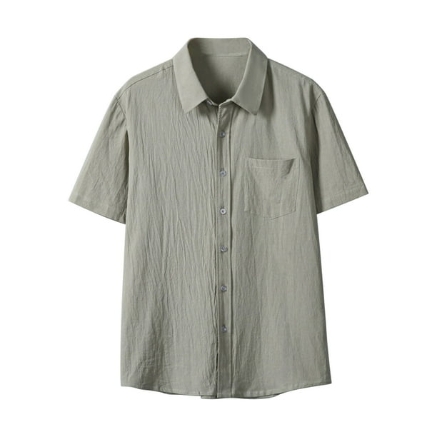 Camisa de Manga Corta Botón Arriba de los Hombres, Vacaciones Casual Color Sólido, Bolsillo Solapa Camisa de Moda