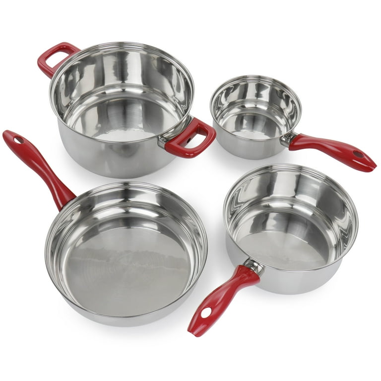 Crawson 7 Piece Stainless Steel Cookware Set in Chrome with Red
