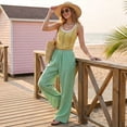 thumbnail image 5 of Women's Pinstripe Linen Palazzo Pants Elastic Drawstring High Waist Flowy Wide Leg Loose Summer Beach Trousers With Pockets Green XL, 5 of 6
