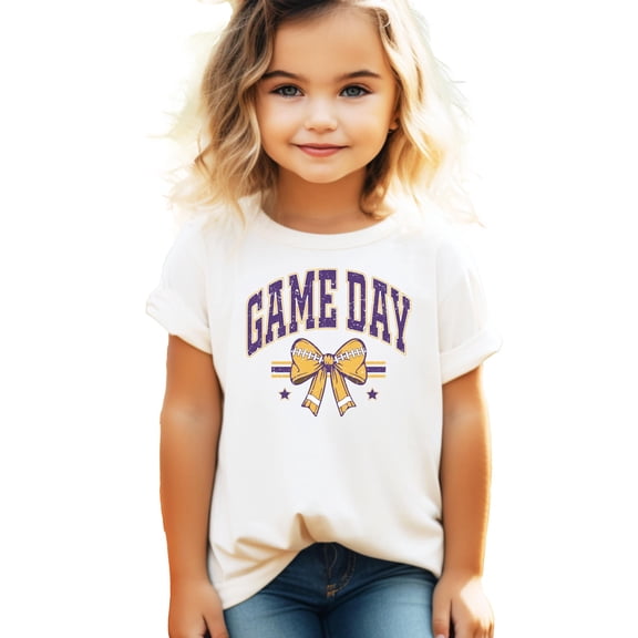 Purple and Gold Game Day Shirt for Women, Teens & Kids Team Colors Football Bow Graphic Tee Natural Shirt Youth Large