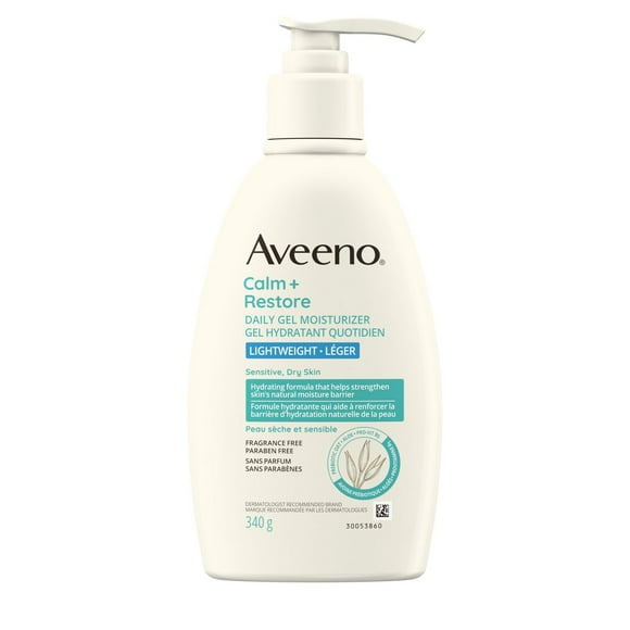 Aveeno Calm + Restore Daily Gel Moisturizer, Prebiotic Oat, Aloe, Pro-Vitamin B5, Sensitive, Dry Skin Relief, Fragrance Free, 340 g