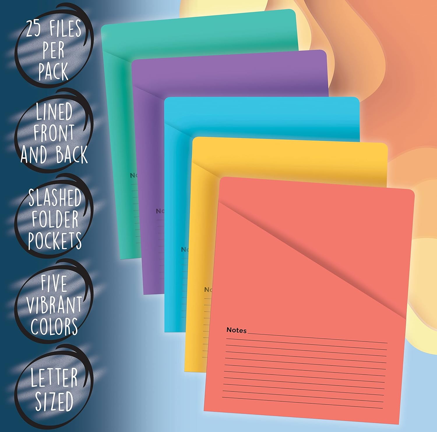 Lined Vertical Slash Pocket File Folders, 25 Pack, 5 Assorted Colors, Letter Size Jacket with Notes on Front & Back, Half Folders