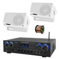 Pyle PDA77BU 4-Channel Home Theater Bluetooth MP3/USB/SD/RCA/AUX FM Radio Receiver, 2x 3.5" 200 Watt 3-Way Indoor/Outdoor Wall Mount Speakers (White), 50 ft 16 Gauge Speaker Wire