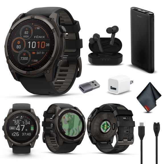 Garmin Fenix 8 51MM Solar Sapphire Multisport GPS Smartwatch Carbon Gray DLC Titanium with Black Gray Silicone Band, Built-in LED Flashlight, Fitness & Health Smart Watch Bundle for Men & Women