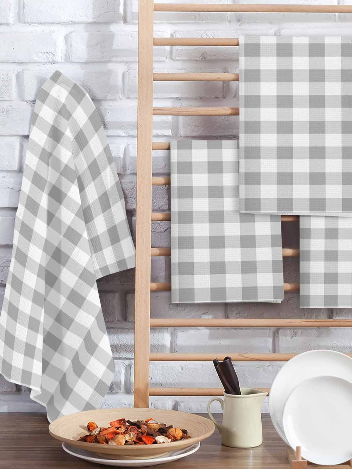 Grey Plaid Kitchen Dish Towels for Drying Dishes Set of 2, Gradient Geometric Buffalo White Checkered Waffle Weave Microfiber Hand Tea Bathroom Towels Quick Dry & Absorbent Towel 15.7x23.6