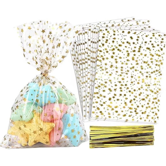 suxuMhao Gold Cellophane Bags with Twist Ties, 100 Pack 5*10.6IN Clear Cello Bags, Resealable Cellophane Treat Bags & Gift Bags, Disposable OPP Plastic Bags for Party Favors, Decoration