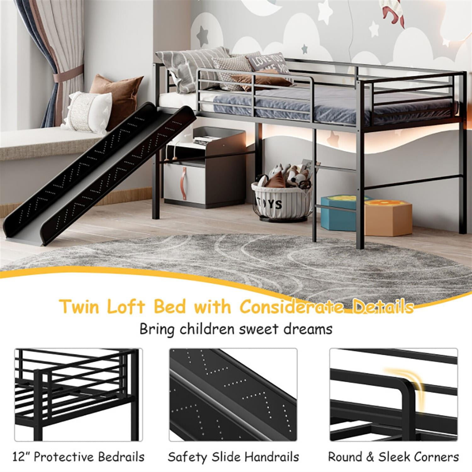 Demi Bonn Twin Metal Loft Bed with Slide Safety Guardrails and Built-in Ladder for Teens, Black