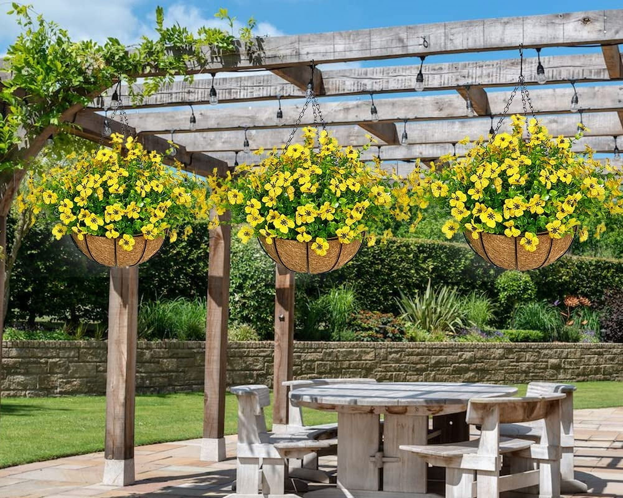 Artificial Flowers in Basket,Artificial Hanging Baskets with Flowers for Outdoor Indoor Courtyard Decor,12 inch Coconut Lining Basket for Patio Garden Porch Deck Decoration
