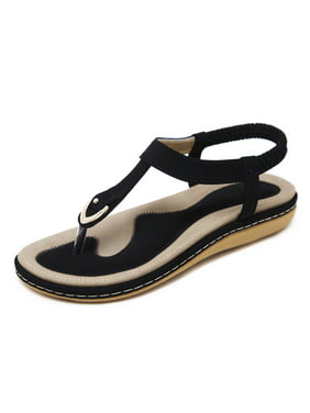 SHIBEVER Elastic Ankle Strap Flat Sandals for Women Casual Summer Beach Cute Thong Flip Flops Shoes Black 8.5