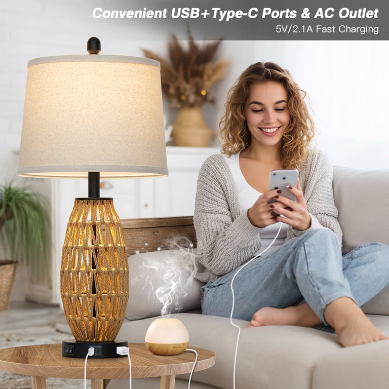 Cinkeda 27-Inch Rattan Table Lamp Set of 2 with USB Charging Ports photo 4
