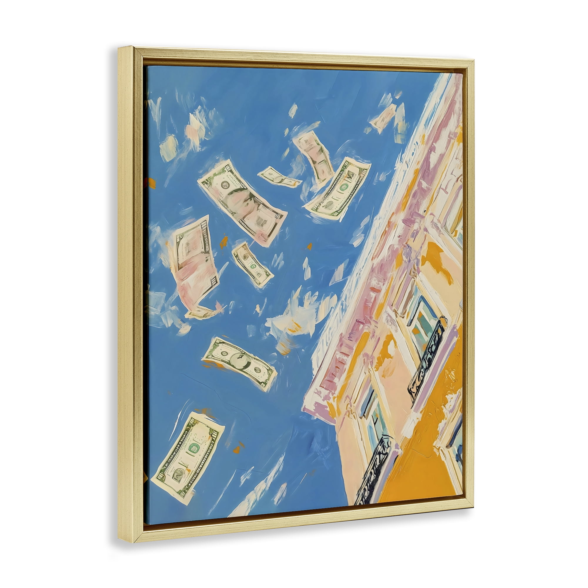 Stupell Industries Money Rain Drifting Past Windows Gold Framed Floater Canvas Wall Art, design by The Prints Vibe