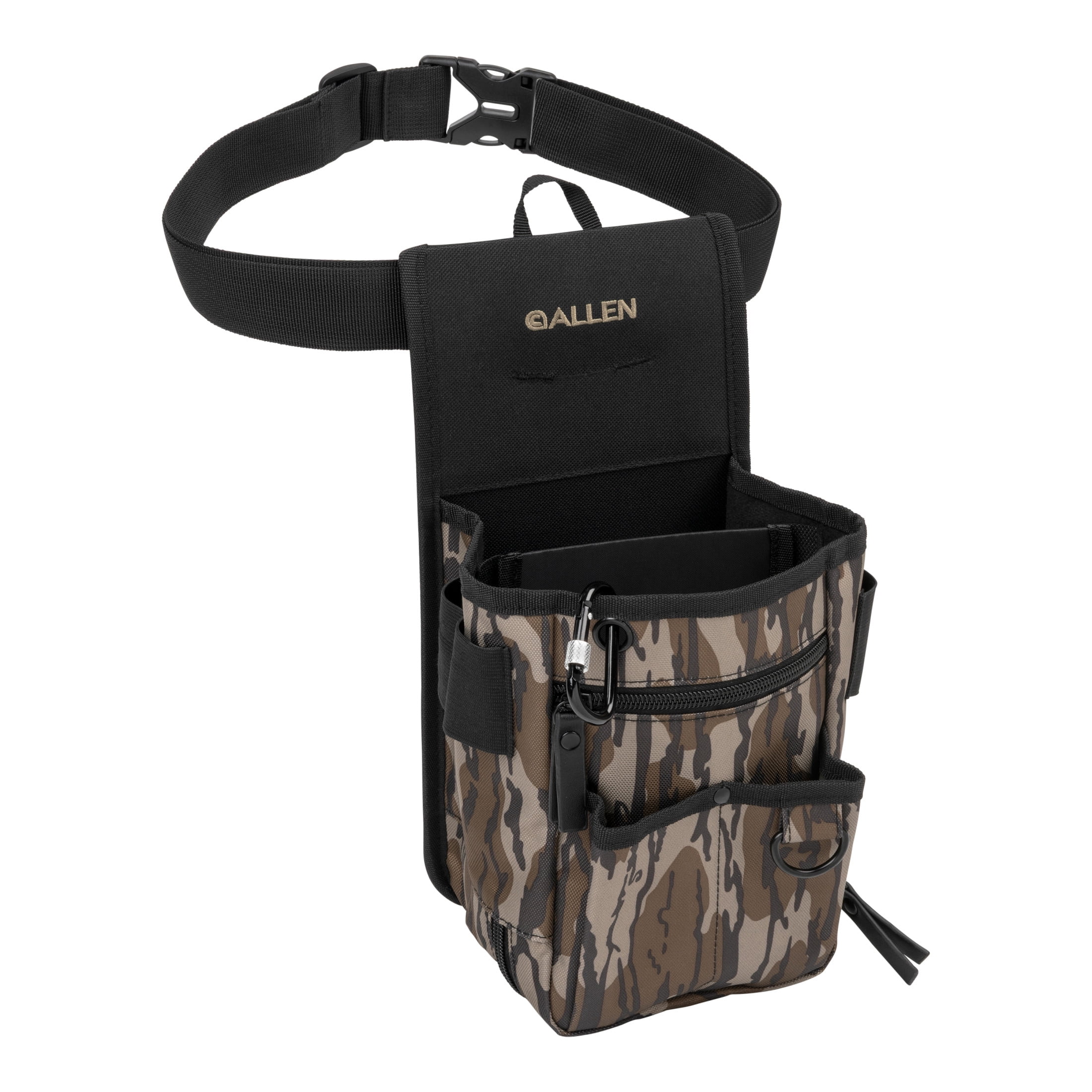 Allen Company Triumph Double Compartment Range Shell Bag  - Adjustable Belt + Endura Fabric + Clay/Trap/Skeet Shooting Storage – Black/Mossy Oak Bottomland