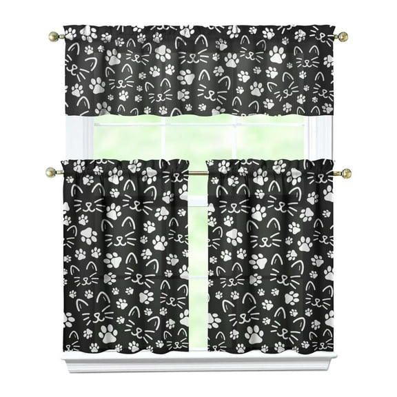 Funny Cat Illustration Kitchen Curtains - 3 Piece Semi-Sheer Set with Valance for Farmhouse