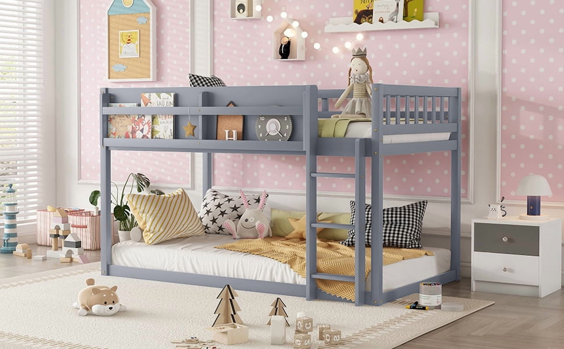 HOQBN Bunk Bed Twin Over Twin,Solid Wood Low Floor Bunk Bed with Ladder,Gray