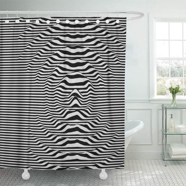 ABPHQTO Forma de onda Distorsión de efecto visual dinámico con rayas ópticas Cortina de ducha de baño con sonido en blanco y negro 165x180 cm ABPHQTO PKNMT66x72Shower-9103