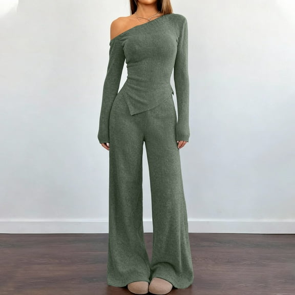 Women's 2 Piece Outfits Fall Sweatsuits Off The Shoulder Crop Top Wide Leg Sweatpants Casual Matching Lounge Sets ,Army Green L