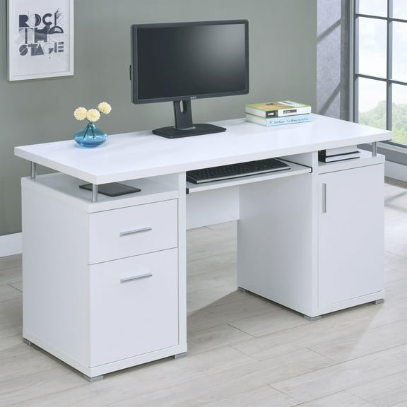 Office Desk Rochelle White Computer Desk with 2 Drawers and Cabinet,Work Surface