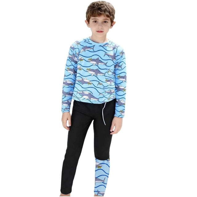 RXMEKW Ensemble Garçon Chandail de Bain à Manches Longues et Short de Bain pour Enfants, Maillot Dermoprotecteur de Protection Solaire UPF 50+ et Short de Planche, Combinaison de Surf et de Plongée 2 Pcs à Deux Pièces