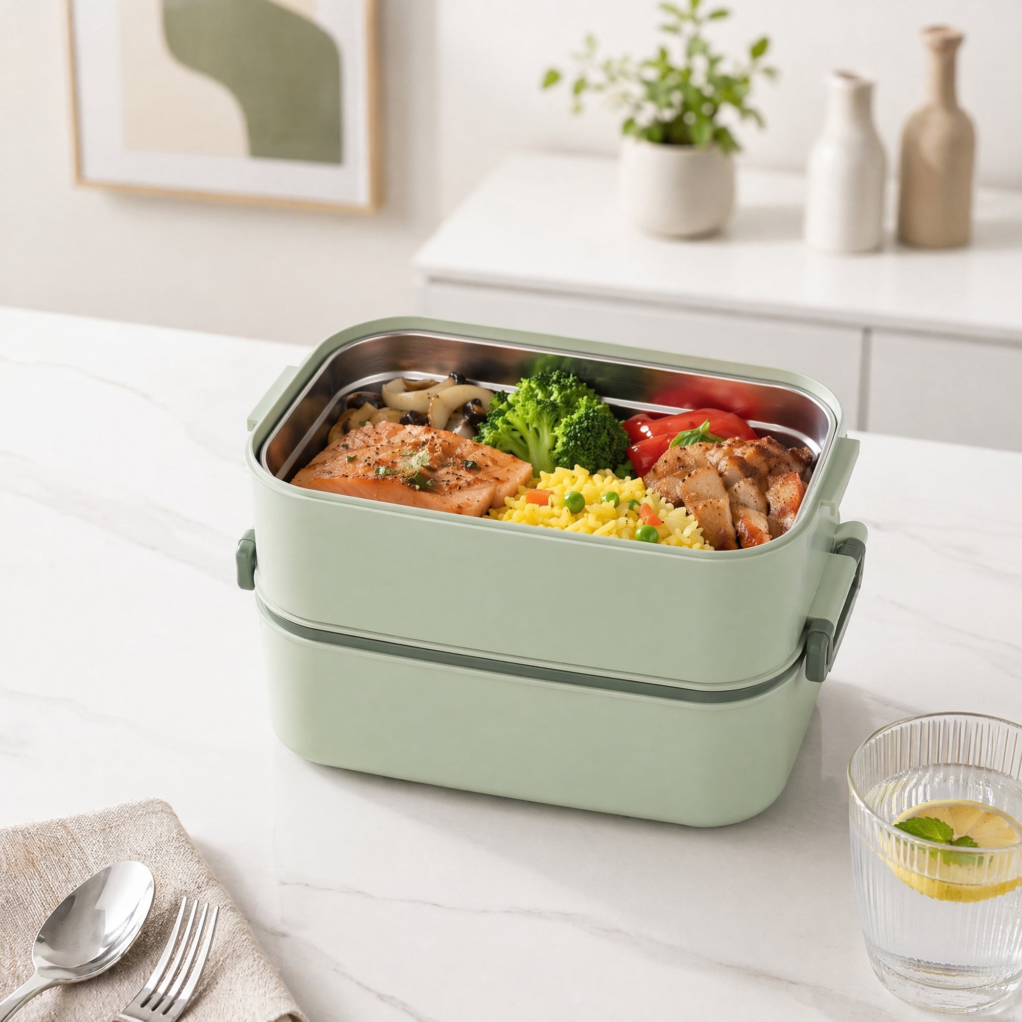 Unique Bargains 316 Stainless Steel Leak-Proof Meal Prep Bento Box Green-2 Layer