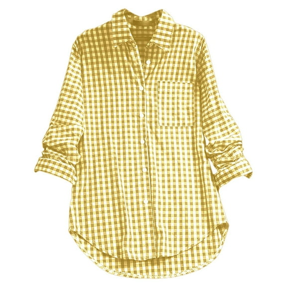 Plaid Collared Long Sleeve Button Down Shirt for Women Comfortable Linen Blend Casual Tops
