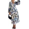 thumbnail image 2 of CHUNTIAN Women's V Neck Long Sleeve Bohemian Maxi Dress Loose Floral Print Ruffle Boho Dress Long Flowy Beach Party Dresses, 2 of 6