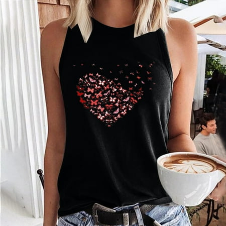 

FREE SHIPPING-camisole Women s Sleeveless Summer Casual Tops O-Neck Printing Sleeveless Vest Tops nightgowns for women lingerie valentines day birthday gifts Black
