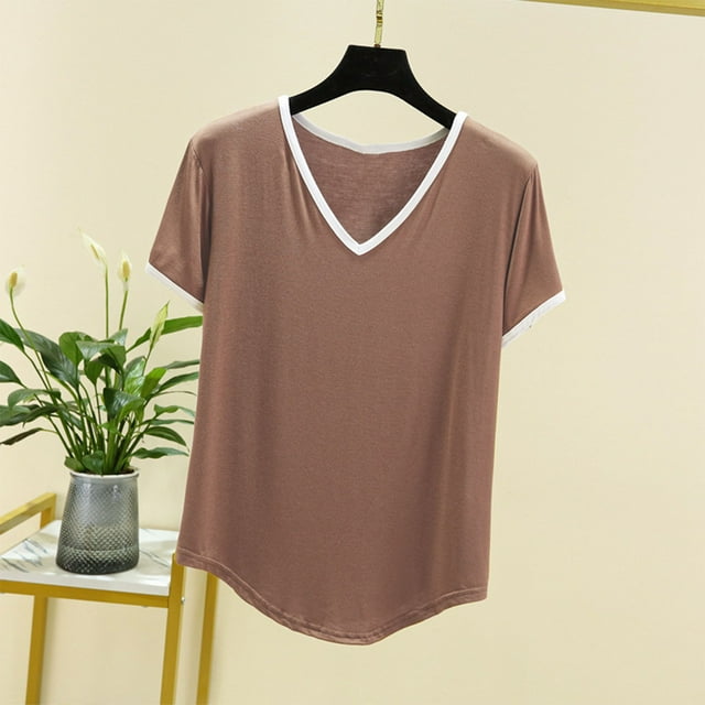 T-shirt Femme Col en V Couleur Unie Manches Courtes Ample