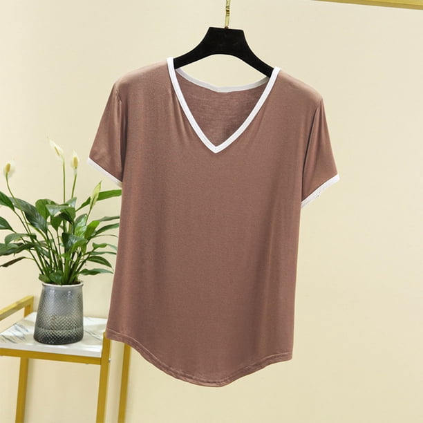 Fiudx Ofertas de La Semana Camiseta Holgada de Manga Corta de Color Sólido con Cuello En V para Mujer Top/Camisa de Manga Corta con Cuello En V