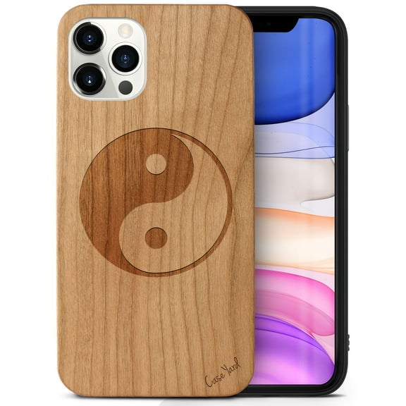 Case Yard Wooden Case Outside Soft TPU Silicone, Slim Fit Shockproof Wood Protective Phone Cover for Girls Boys Men and Women, Supports Wireless Charging Yin Yang Design case for iPhone-12-Pro-Max