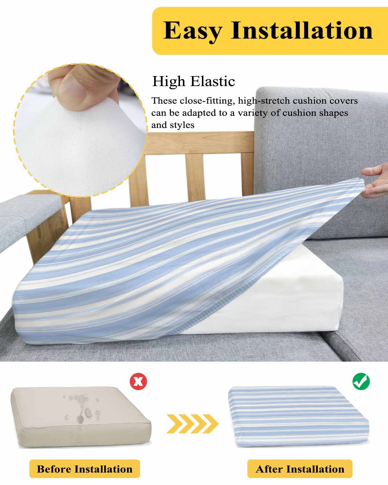 Blue Striped Couch Cushion Covers Stretch, Washable Sofa Seat Covers Individual Seat Cushion Sofa Slipcovers Farmhouse Stripe Modern Abstract Art Couch Cover Furniture Protector S-1PCS