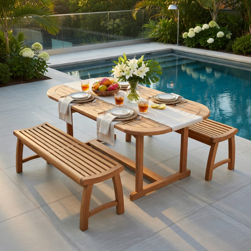 Hommoo Teak Wood Outdoor Backless Garden Bench, Contoured Slatted Seat, Easy 3-Step Assembly for Patio, Porch & Backyard, Natural