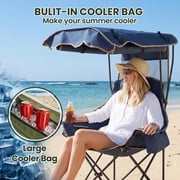ABORON Camping Chair with Canopy, Folding Beach Canopy Chair with Ice Bag, Side Pocket and Cup Holder, Outdoor Portable Lounge Beach Chair for Adults Camping, Fishing, Lawn and Tailgates - Blue