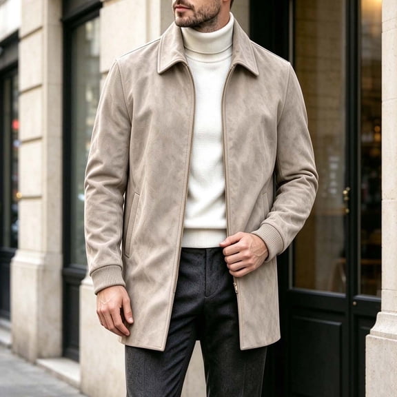 WIZUTIZ Men's Suede Mid Length Trench Coat Full Zip Stand Collar Jacket with Pockets Fall Winter Fashion Outerwear