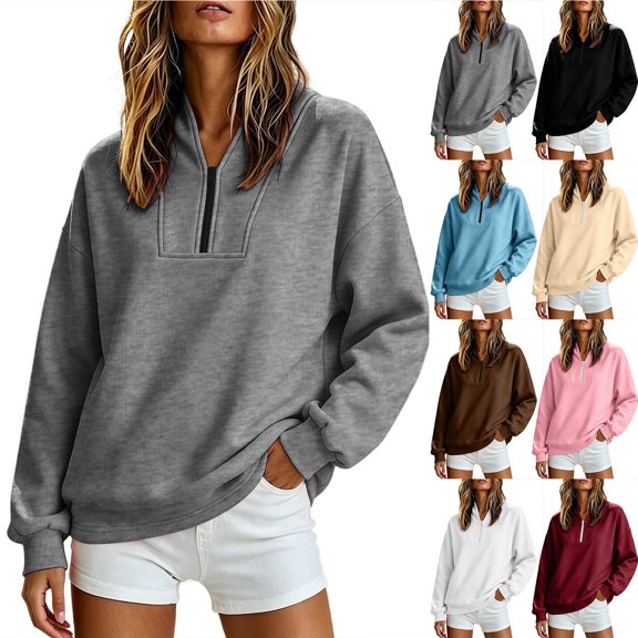 Smsaxvxz Womens Sweatshirts Half Zip Pullover Casual Long Sleeve Lightweight Sweatshirts Tops Fall Fashion Clothes 2026 Gray M