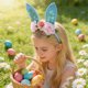 thumbnail image 1 of Diadema con orejas de conejo y tocado de flores para fiesta infantil, accesorio para el cabello de Pascua, diadema de plástico, 1 of 6