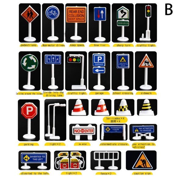 HUASHENG 28 Pcs Car Toy Accessories Traffic Road Signs Kids Children Play Learn Toy Game