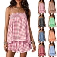 thumbnail image 2 of Hueook Gingham Pajamas for Women Set Fall 2 Piece Outfits Plaid Two-Piece Pajama Camisole Top Wide Leg Shorts Khaki XL, 2 of 9