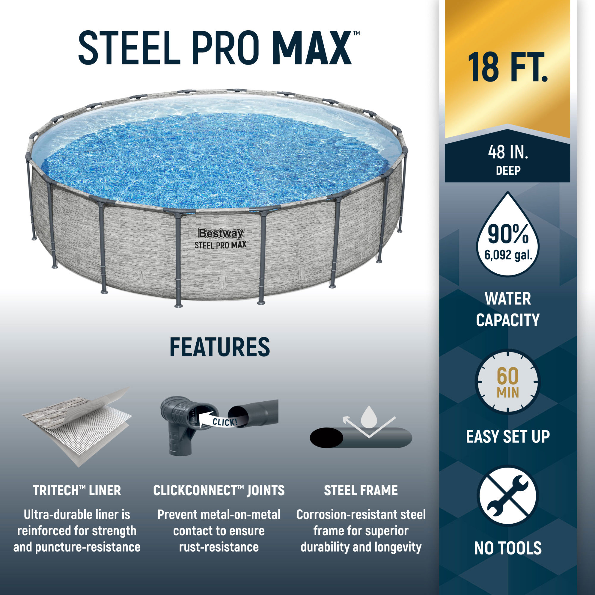 Bestway Steel Pro MAX 18' x 48" Metal Frame Above Ground Pool Set w/ Pump, Ladder, & Cover