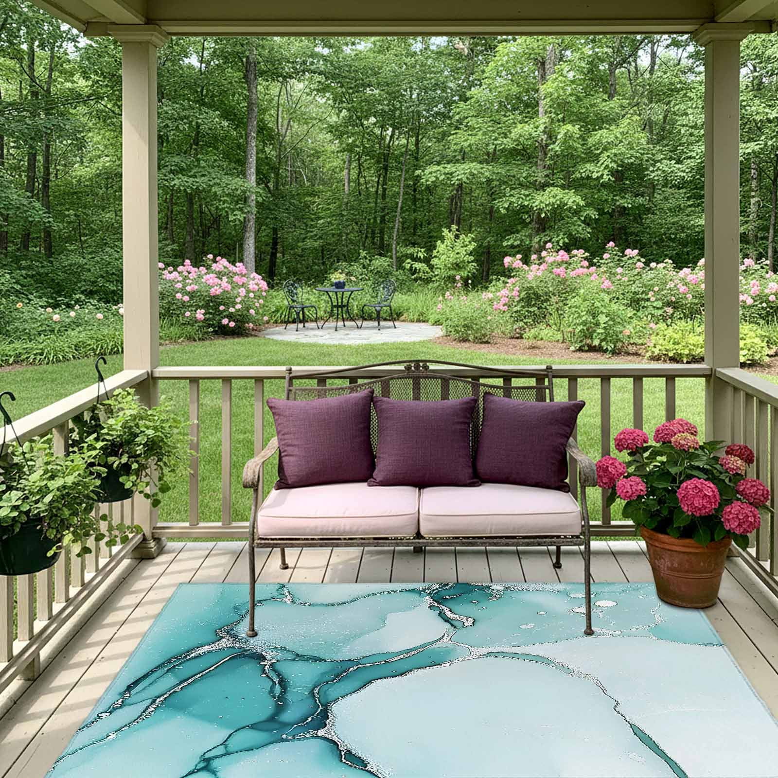 Outdoor Rug 5x8ft Ombre Turquoise White Marble Texture Large Area Rug Abstract Art Indoor Outdoor Carpet Outdoor Rugs Mats for Patio Camping,RV,Front Door, Outside Decor