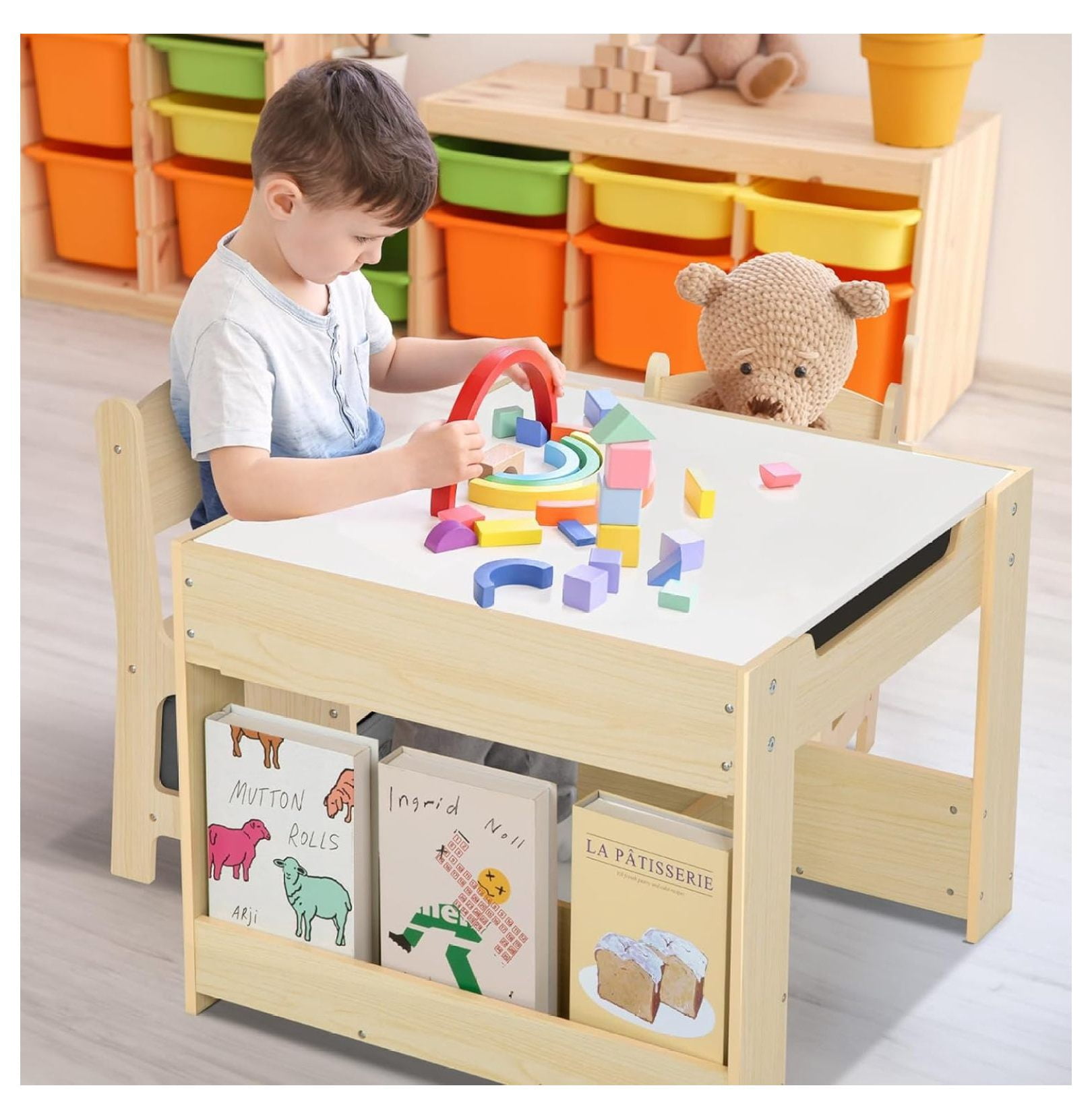 Kids Table and Chairs Ages 3-7, 4 in 1 Toddler Desk and Chair Set with Whiteboard, Blackboard, Storage Drawer and Book Rack. Toddler Activity Table for , and Playroom