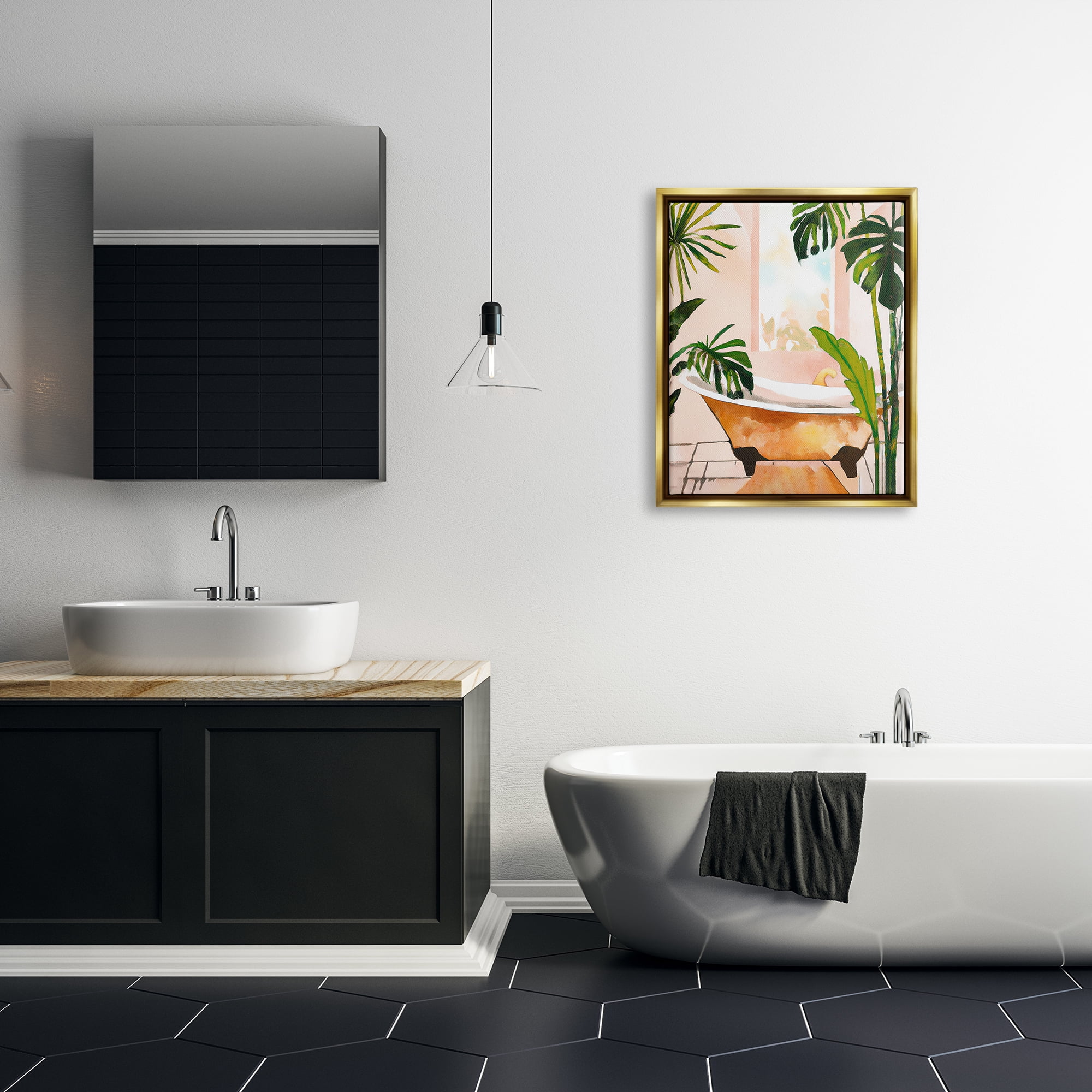 Stupell Industries Tropical Plants & Bathtub Botanical & Floral Painting Gold Floater Framed Canvas Art Print Wall Art, 25 x 31