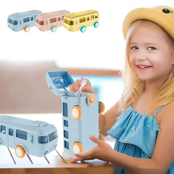 Floleo Water Bottle With Straw, Cute Cartoon Bus Design, Removable Fun Toy Water Bottle, With Adjustable Shoulder Strap Is Easy To Carry, Suitable For Camping Trips