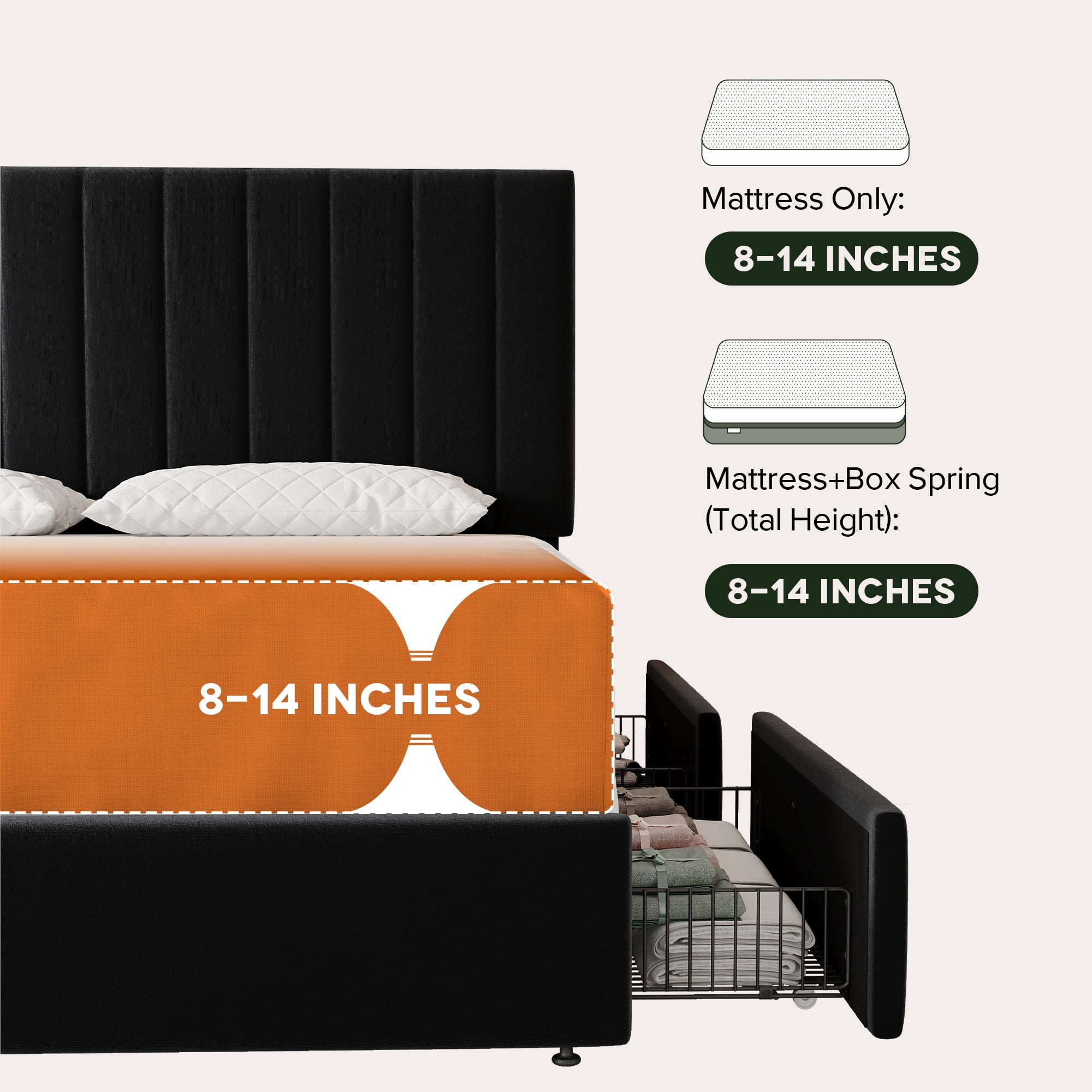 Einfach Full Bed Frame with Adjustable Upholstered Velvet Headboard and 4 Storage Drawers, No Box Spring Required, Black