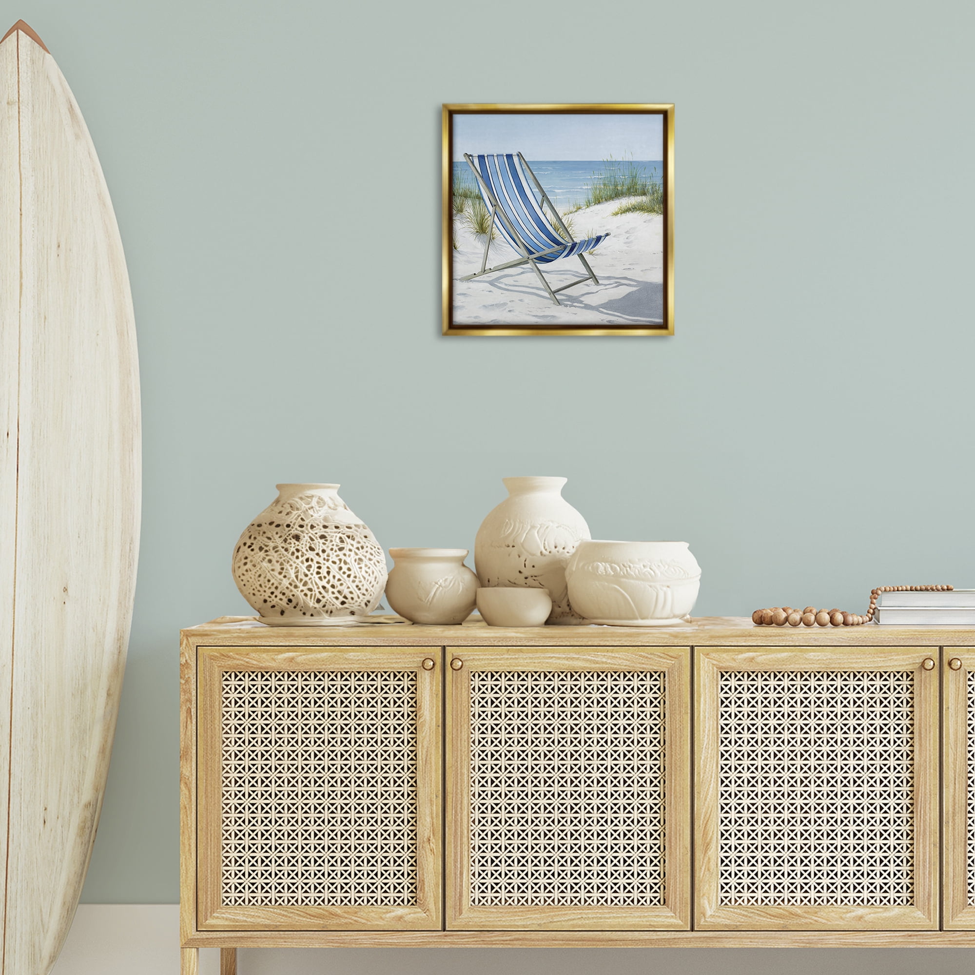 Stupell Industries Tranquil Beach Chair Landscape Painting Gold Floater Framed Canvas Art Print Wall Art, 18 x 18