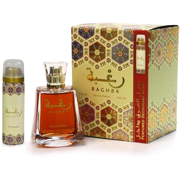Lattafa Raghba , 2 Pc Gift Set 3.4oz EDP Spray, 1.7oz Perfumed Spray