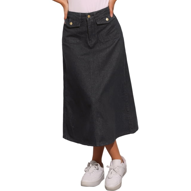 Faldas de mezclilla para mujer Inspire Chic, de cintura alta, en línea A, faldas de jean casuales con bolsillos, negras, talla XS