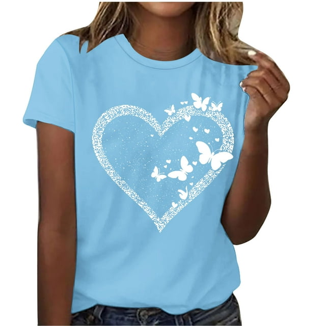 Floleo T-Shirt à Col Rond Imprimé pour Femme Lover à Manches Courtes Confortable Polyvalent Tenue Décontractée Haut Stylé (Bleu Clair, 3TG)