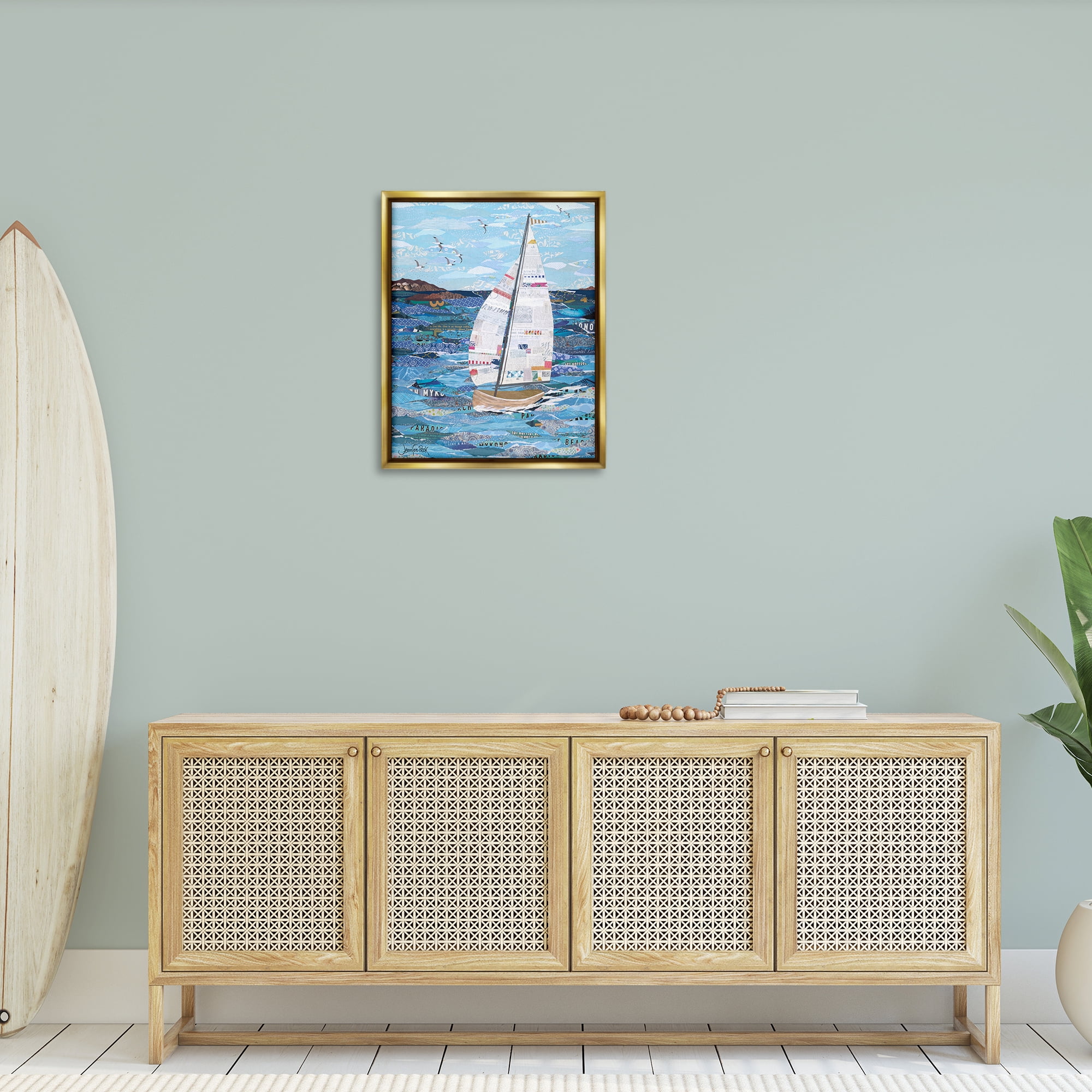 Stupell Industries Collaged Sailboat Scene Transportation Painting Gold Floater Framed Canvas Art Print Wall Art, 25 x 31